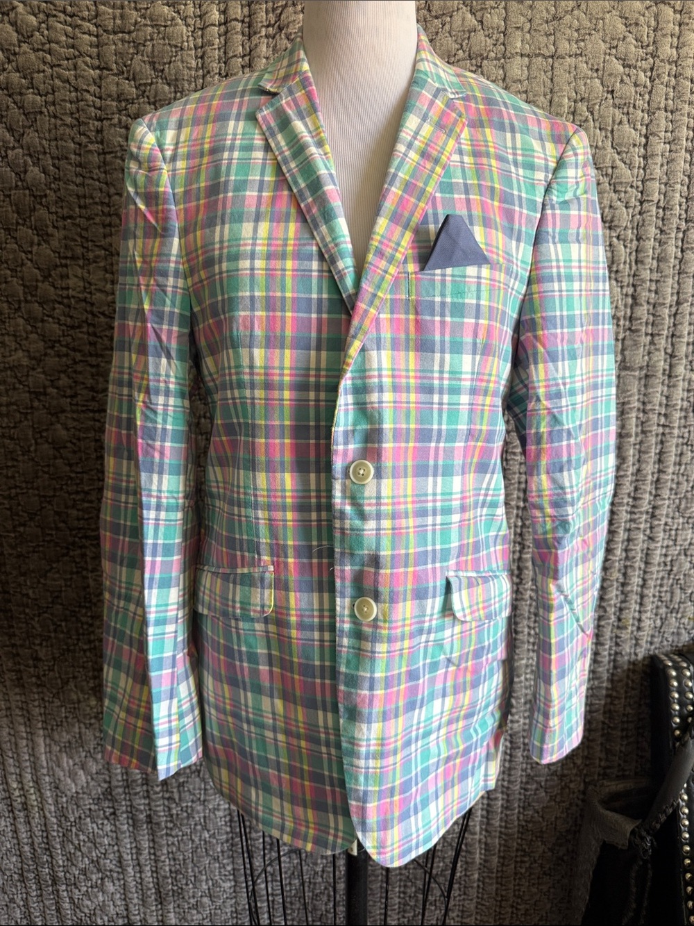 Pastel Plaid Men's Blazer in Mint, Pink & Yellow 200%Cotton -made in China